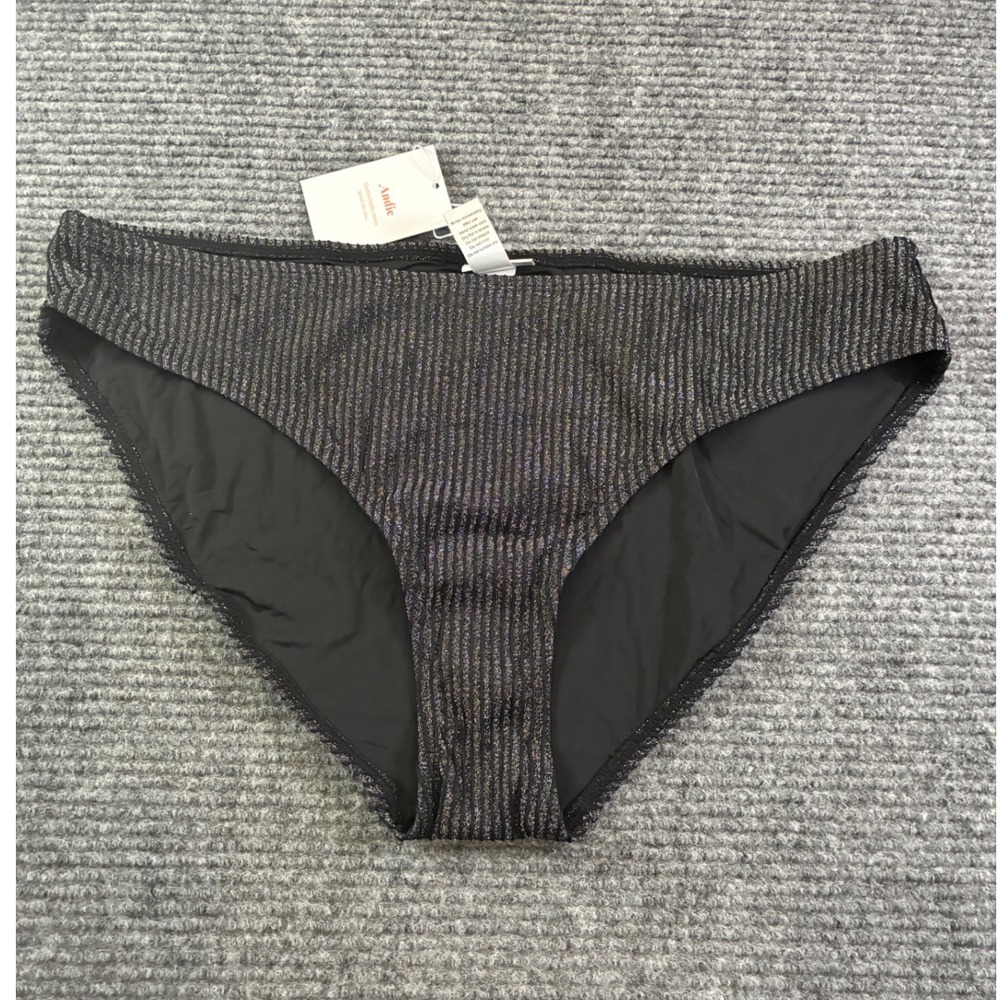Andie The Bikini Bottom Black Metallic Silver Stripe Swim XL Sexy Ribbed AB459